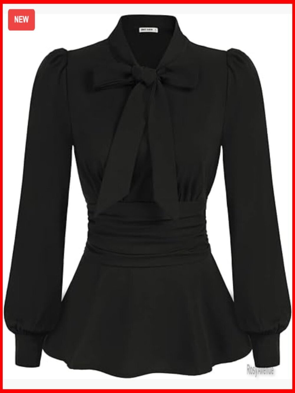 Long Sleeve Peplum Blouse with Bow Tie Collar Smocked Waist Work Top